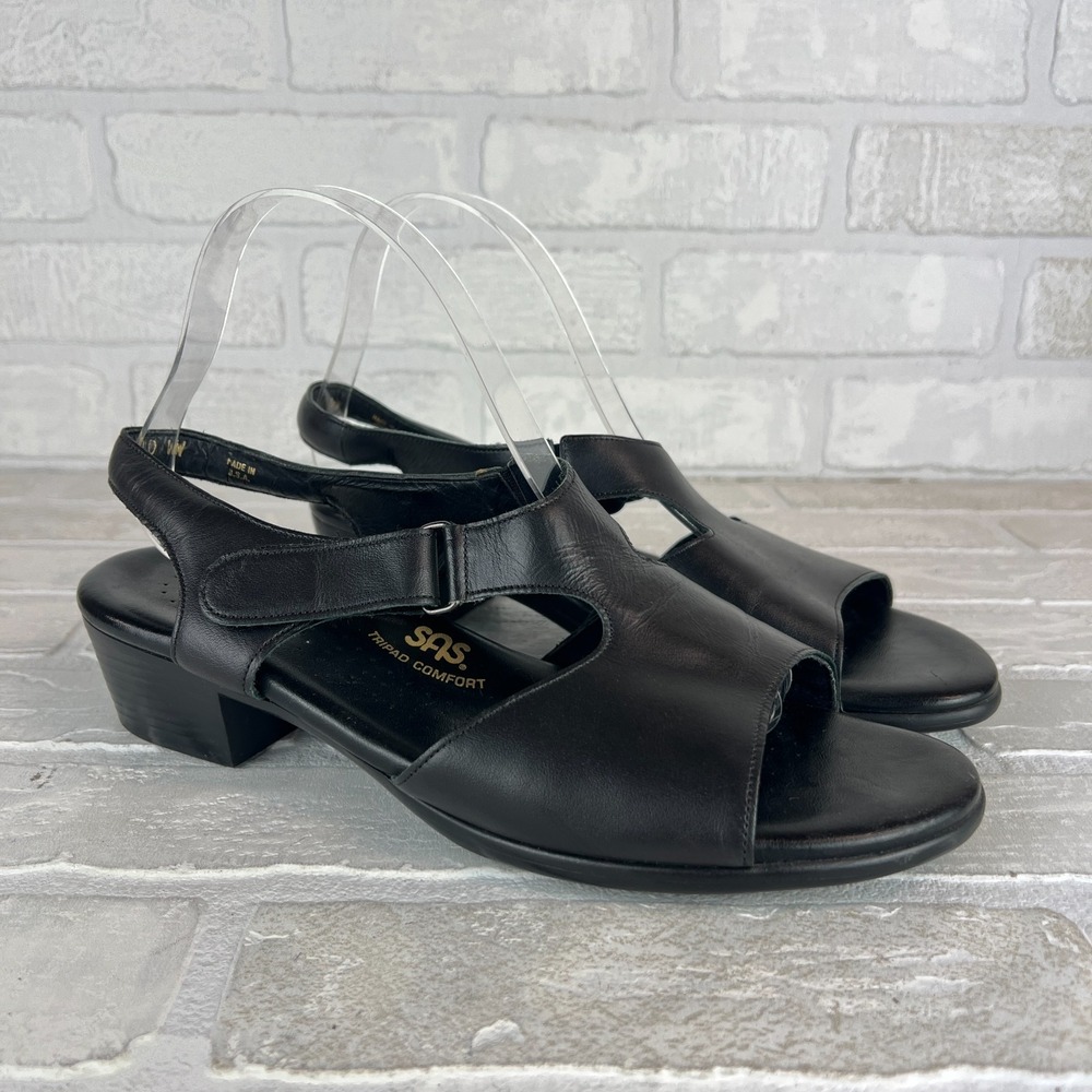 SAS Suntimer Sandals Womens 10WW Black Leather Tripad Comfort Heel Open Toe Shoe